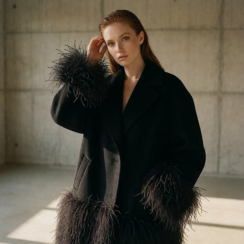 Manteau noir bordé de plumes porté dans un espace bétonné, volume des plumes en détail