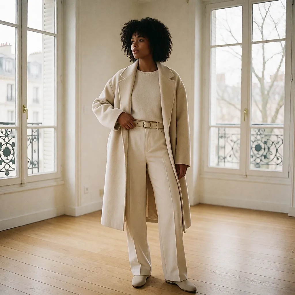 Silhouette en total look crème, ceinture haute et manteau ample, debout près d'une fenêtre