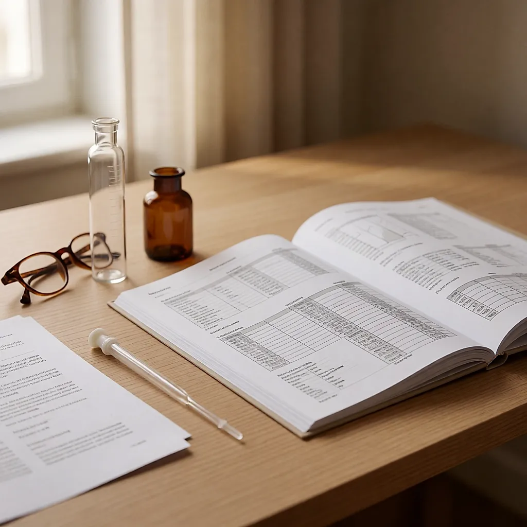 Un dossier d’évaluation de sécurité, des tableaux de concentrations et un flacon de laboratoire