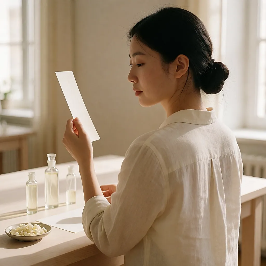 Une main tient un buvard au-dessus de flacons de parfum, entourée de rose et de jasmin
