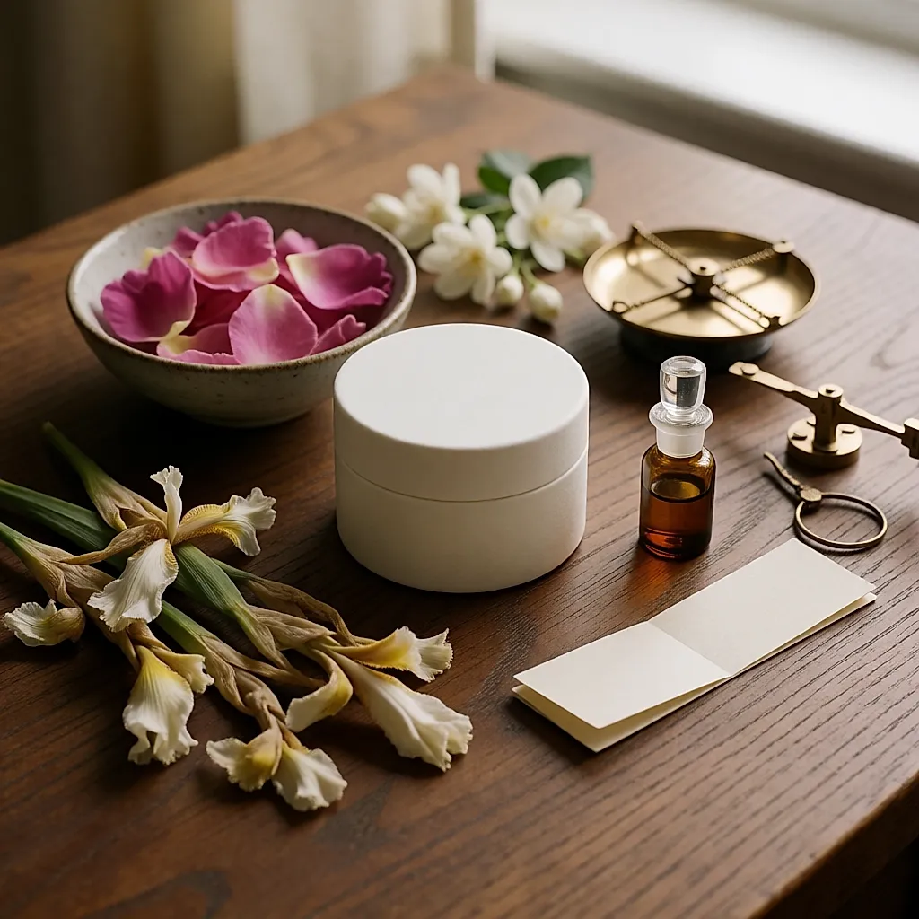 Rhizomes d’iris séchés, pétales de rose et petit flacon d’absolue sur une table de parfumeur