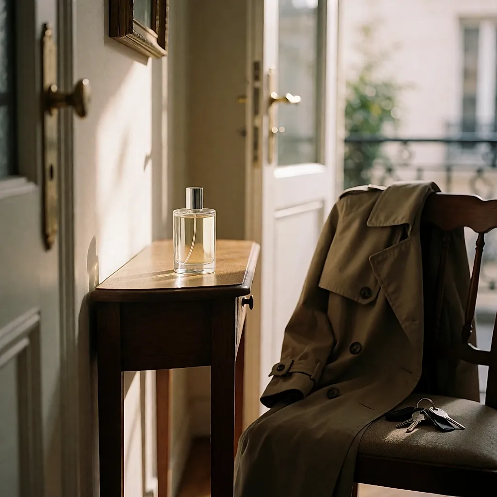 Un flacon de parfum posé dans l’entrée, près d’un manteau et de clés