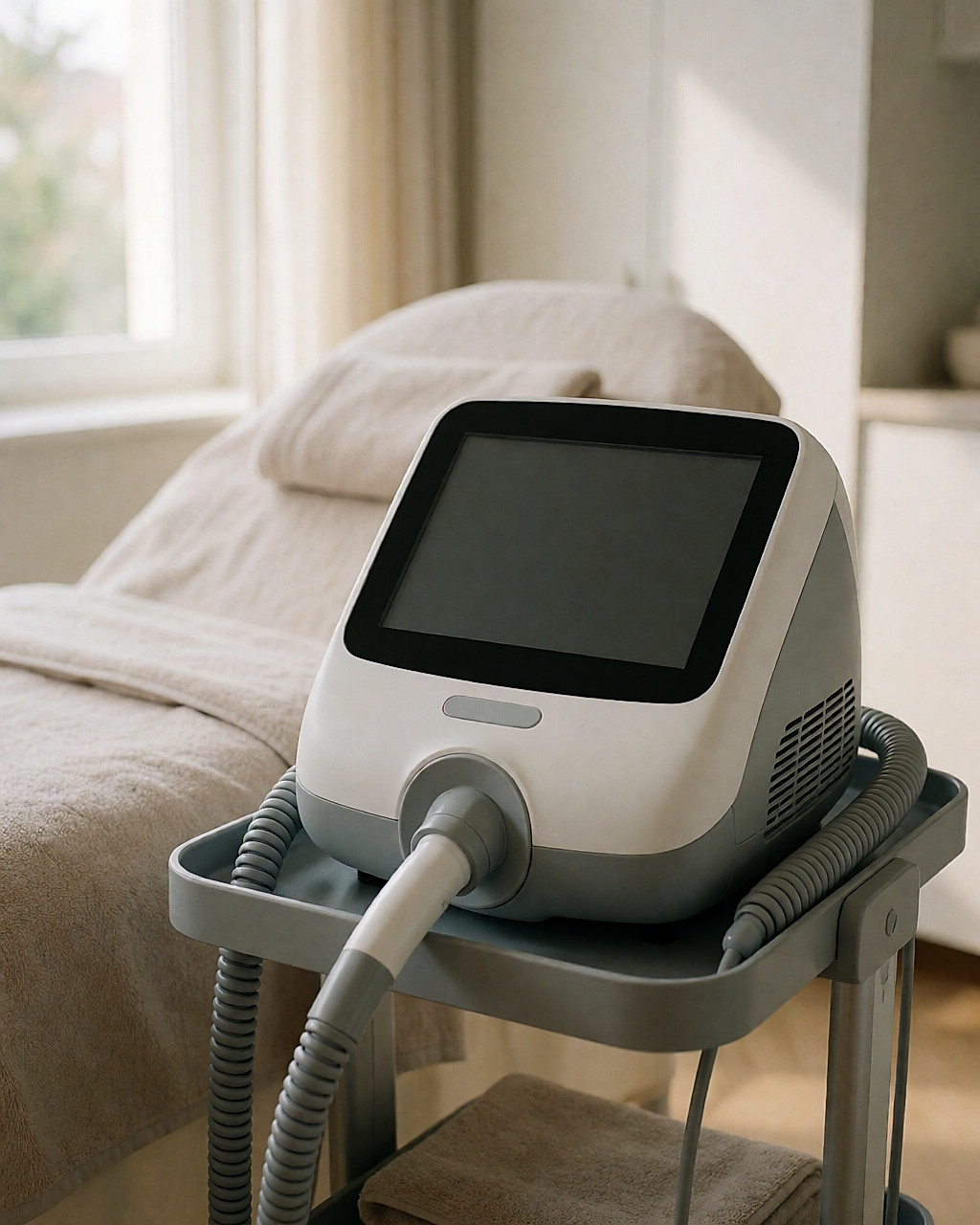 Unité de contrôle d'un appareil d'endermologie sur chariot en cabine de soin