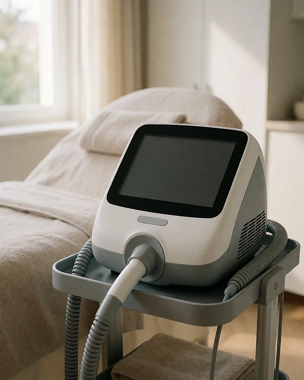 Steuereinheit eines Endermologie-Geräts auf einem Rollwagen in einer Behandlungskabine