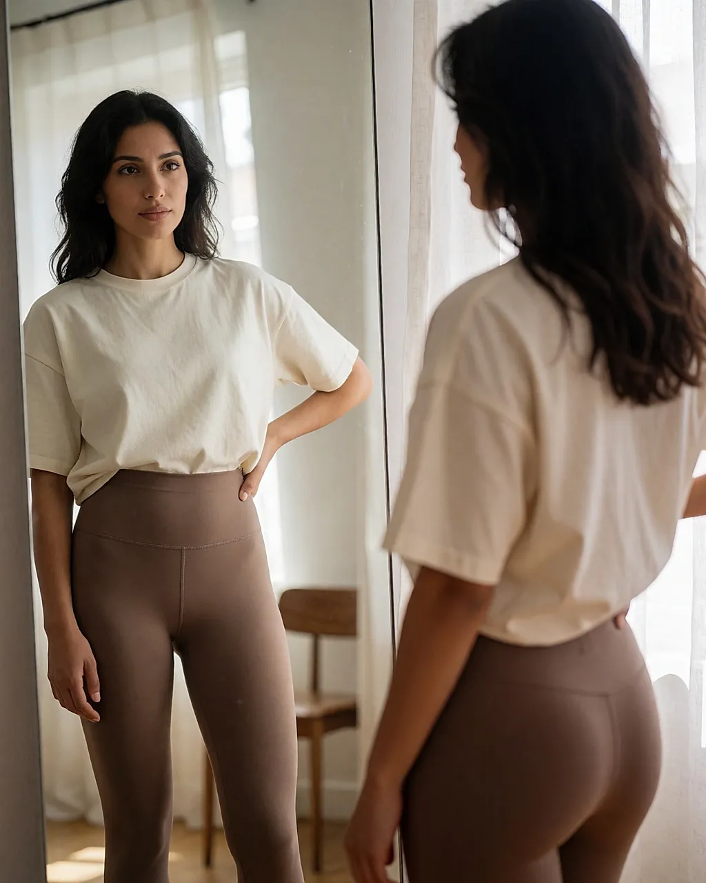 Frau vor einem Spiegel in bedeckten Leggings, die ihre Silhouette mit differenziertem Blick betrachtet