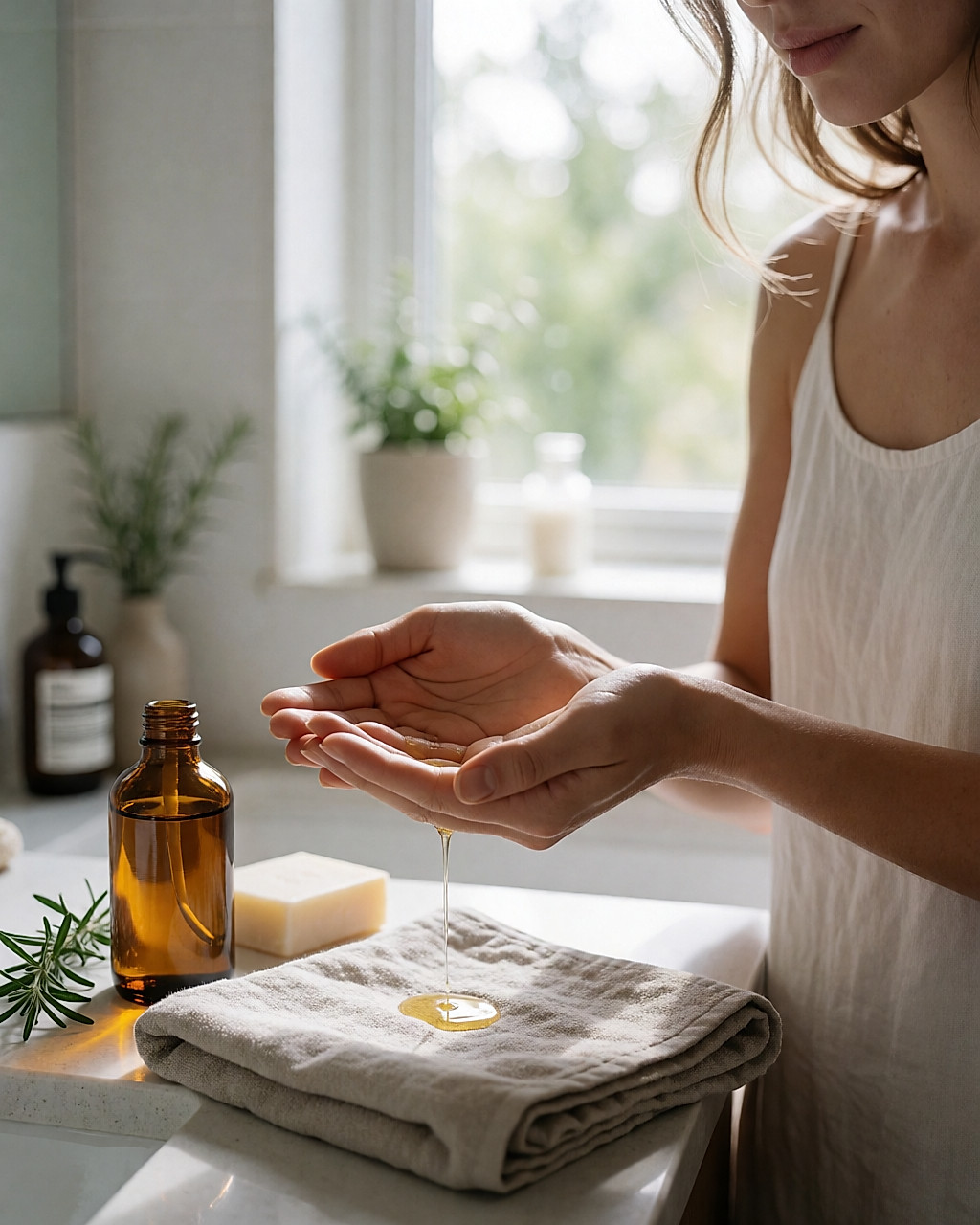 Mains chauffant une huile de massage bio près d'un flacon de verre ambré en salle de bain