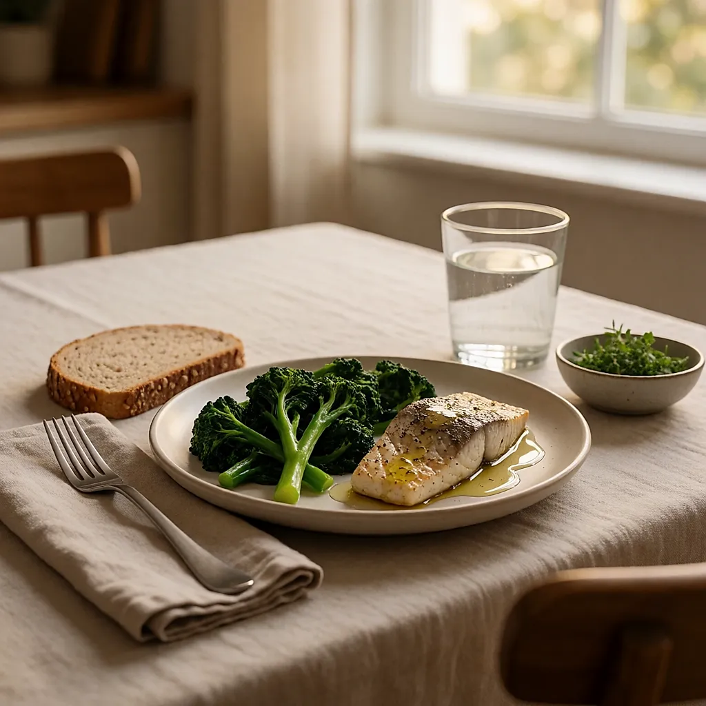 A simple evening plate: steamed vegetables, grilled fish, wholemeal bread and a glass of water