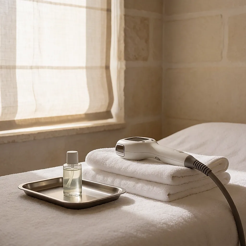A radiofrequency device resting on folded towels in a treatment room