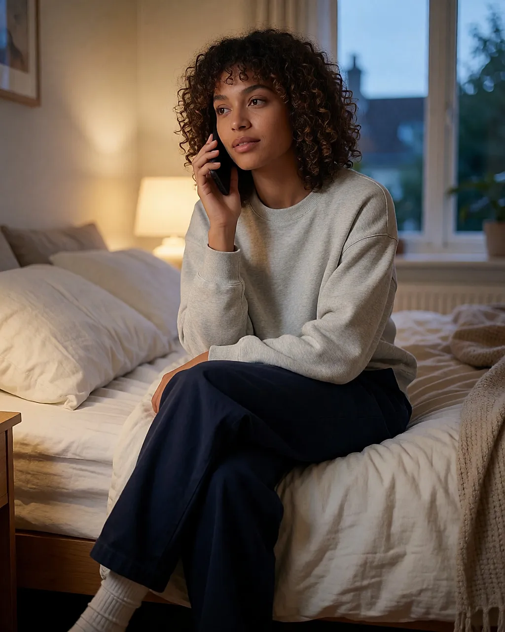 Mujer joven sentada al borde de la cama, al teléfono, con la luz del atardecer