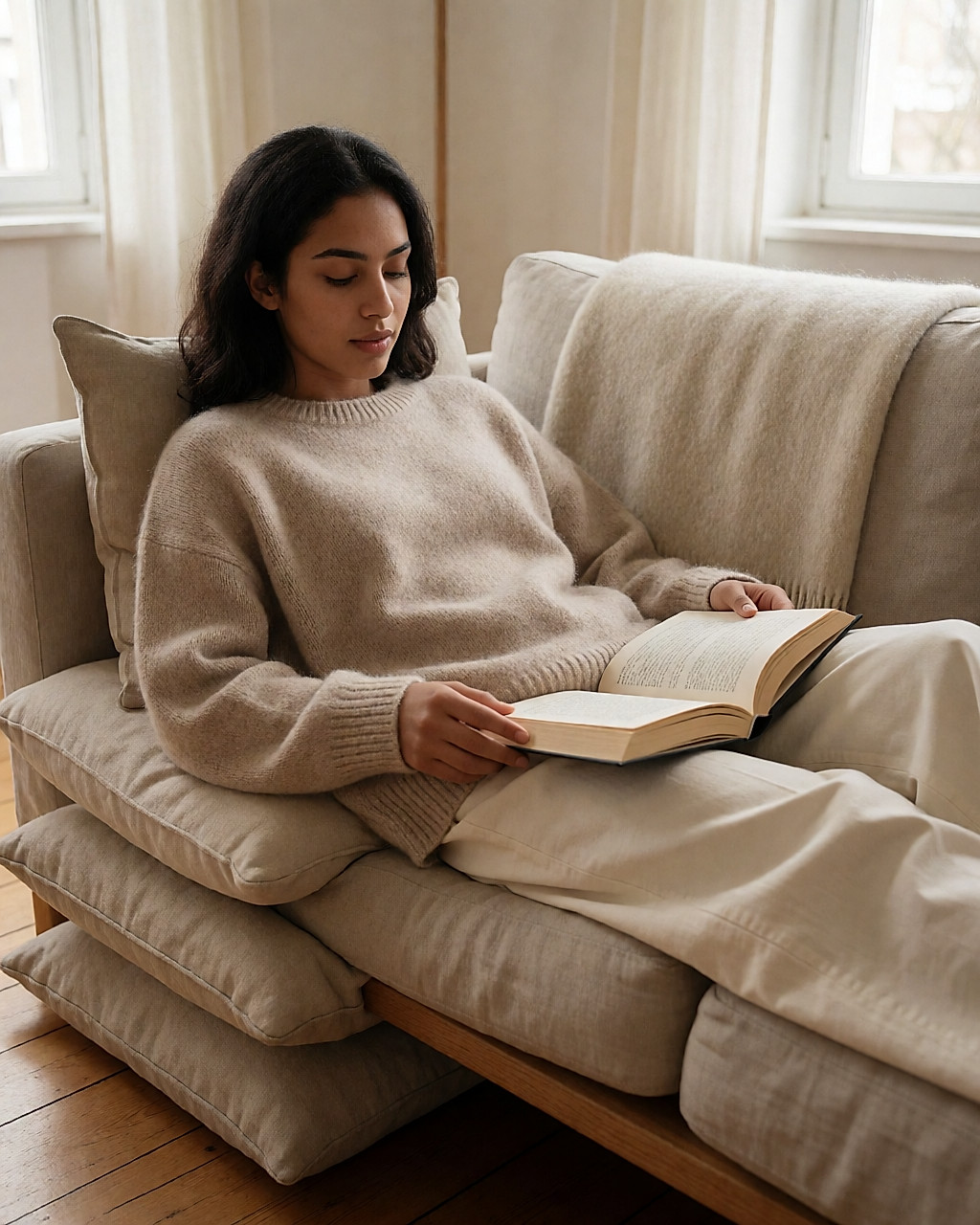 Jeune femme allongée sur un canapé, jambes surélevées sur des coussins, un livre ouvert