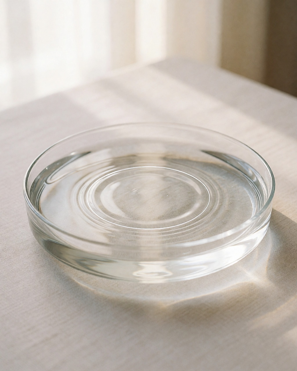 Macro d'une eau claire parcourue de fines ondulations dans une coupelle en verre
