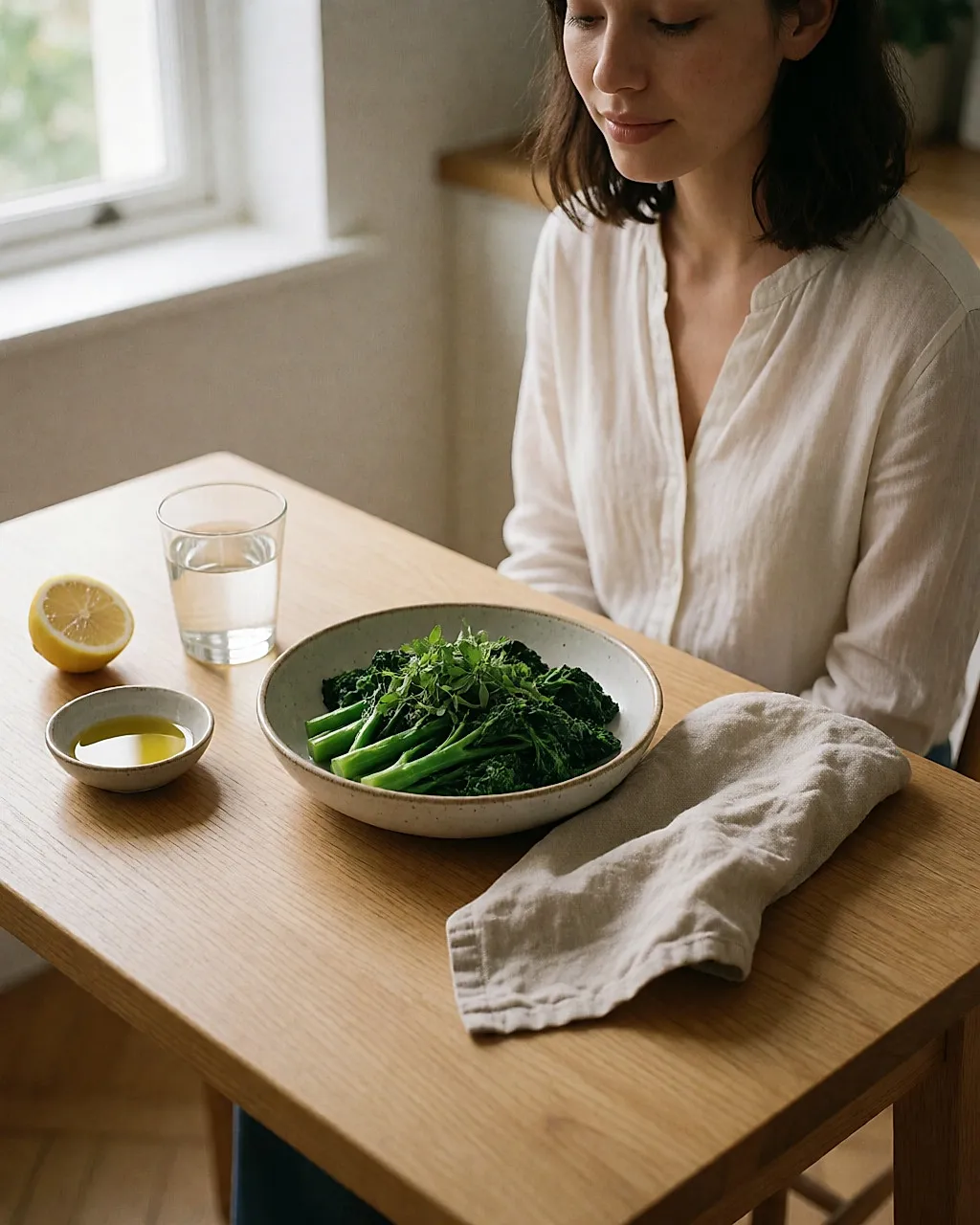Assiette de légumes verts, huile d'olive, citron et verre d'eau sur une table en bois clair