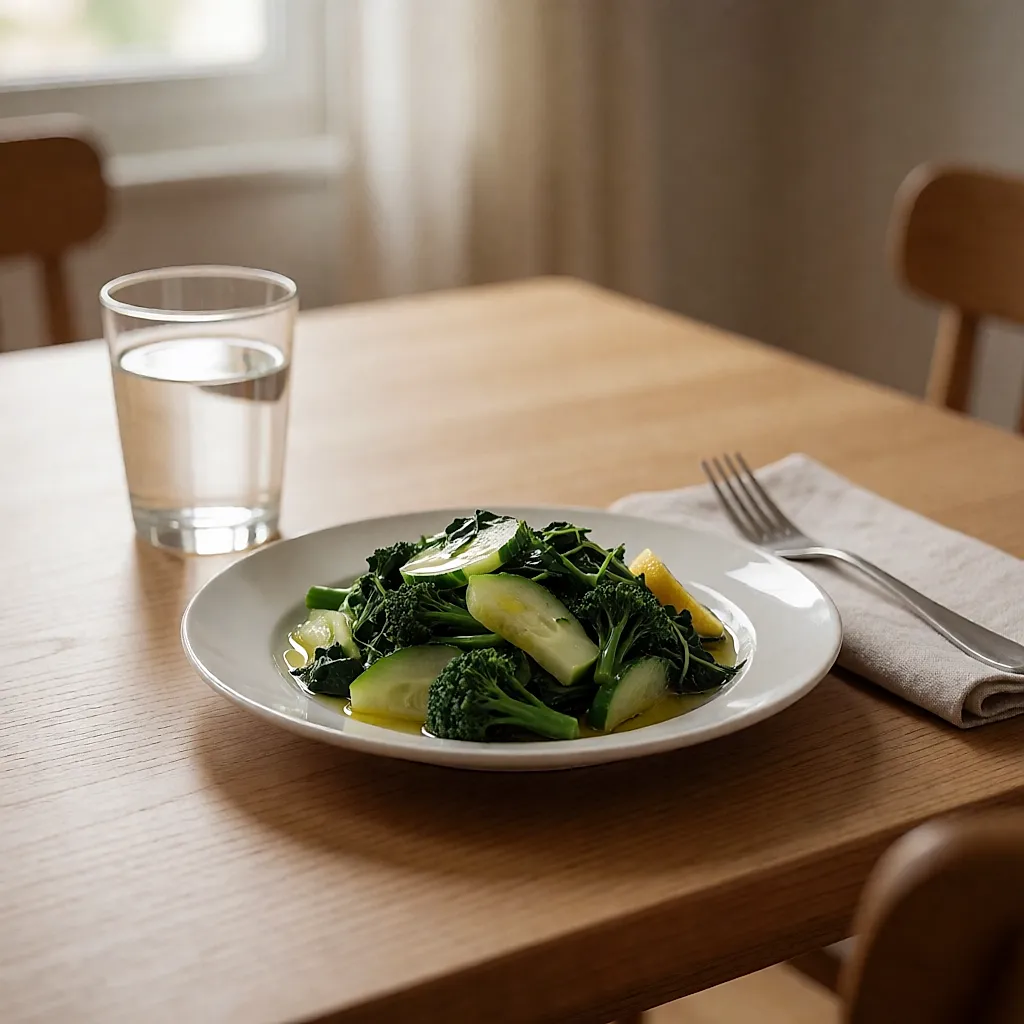 Prato de legumes verdes, azeite, limão e um copo de água numa mesa de madeira clara