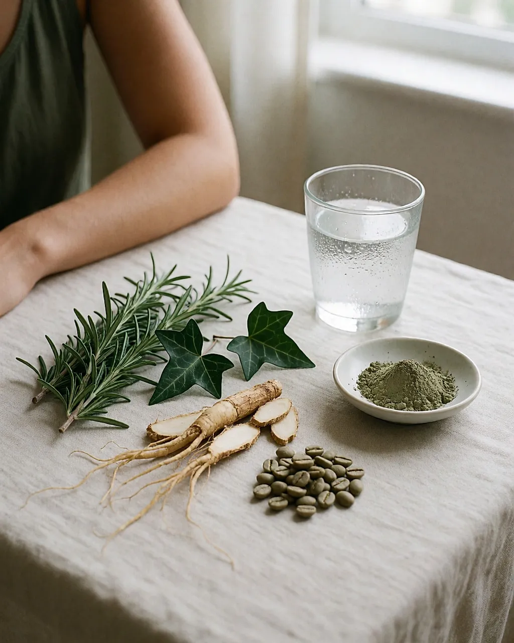 Romarin, lierre, ginseng et grains de café vert sur un lin clair près d'un peu d'argile