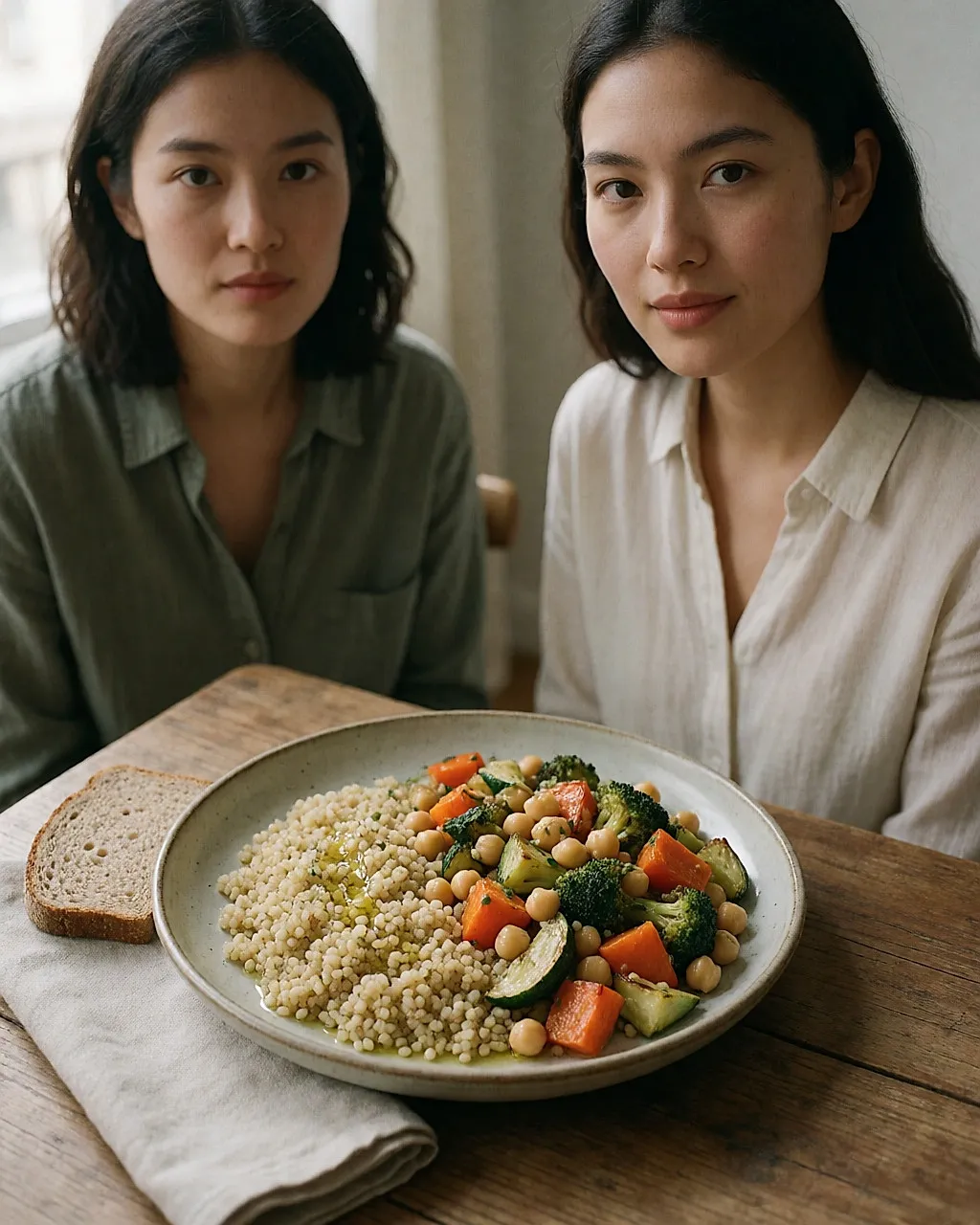 Schale Bulgur mit geröstetem Gemüse und Kichererbsen, dazu eine Scheibe Vollkornbrot