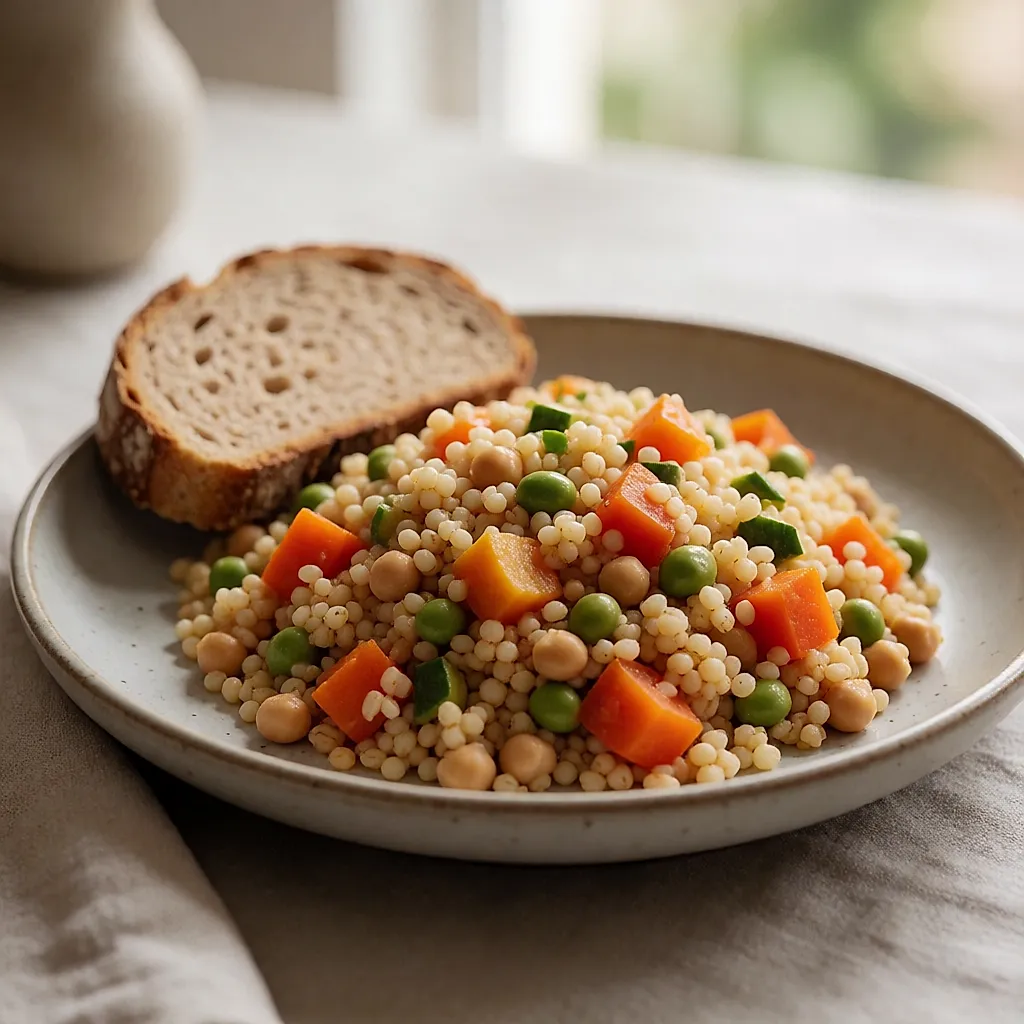 Taça de bulgur com legumes assados e grão-de-bico, acompanhada por uma fatia de pão integral