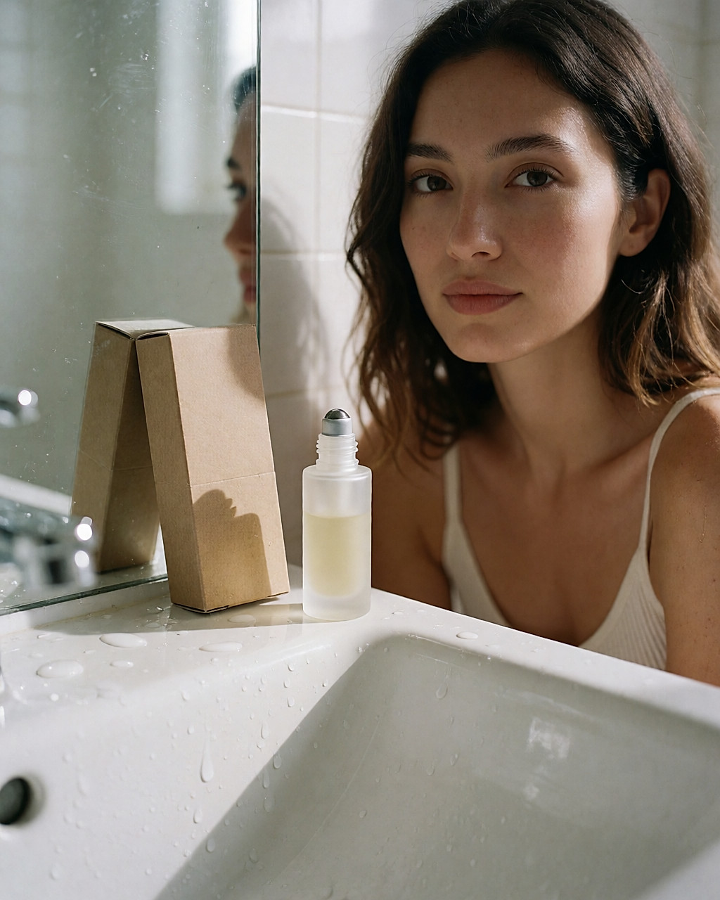Flacon de soin contour des yeux en verre dépoli et son étui kraft au bord d'un lavabo blanc
