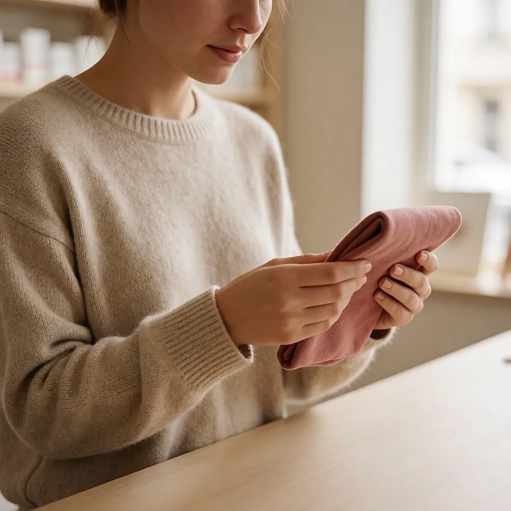 Une femme examine la couture d'une culotte menstruelle posée sur un comptoir de pharmacie