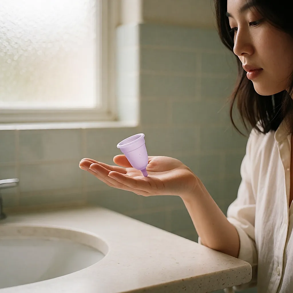 Main tenant une coupe menstruelle en silicone au-dessus d'un lavabo