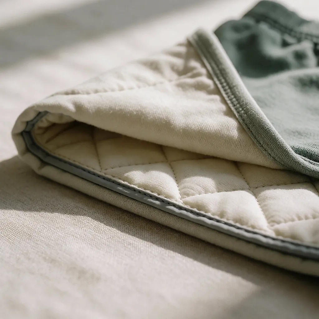 Détail des trois couches d'une culotte menstruelle : coton, cœur absorbant, membrane