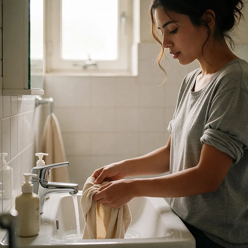 Mains rinçant une culotte menstruelle beige à l'eau froide dans un lavabo