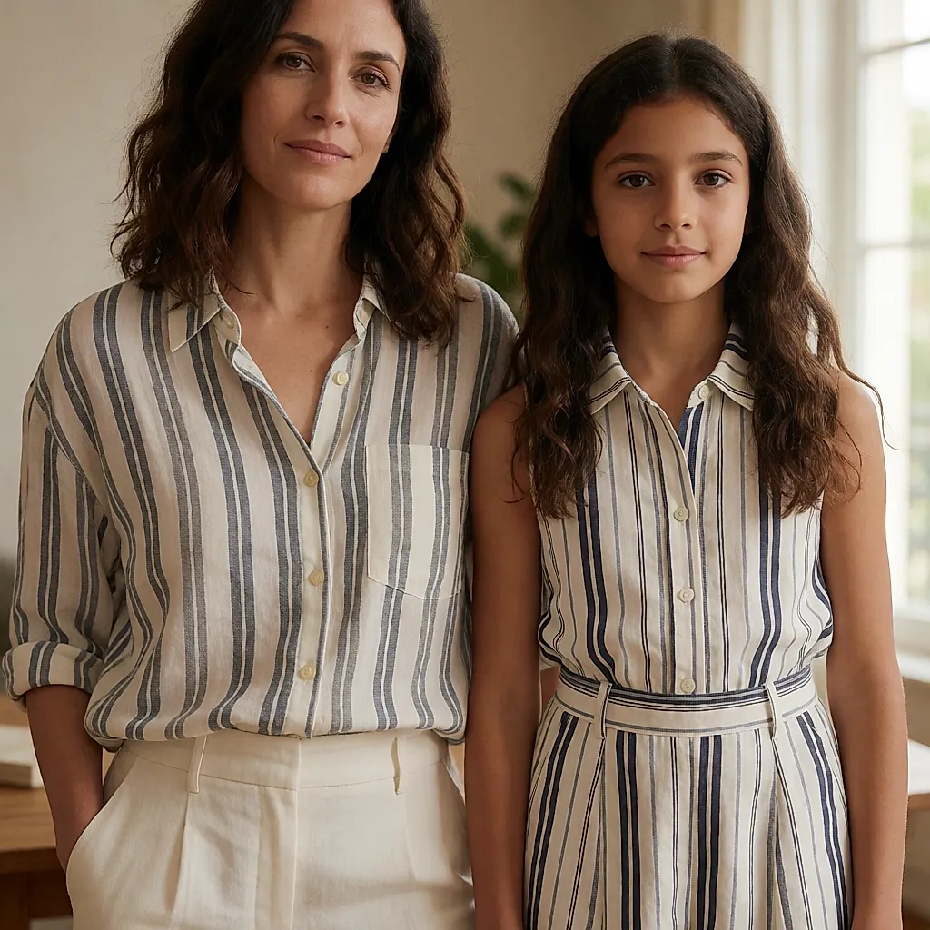 Una madre y su hija con conjuntos coordinados, misma paleta y proporciones distintas