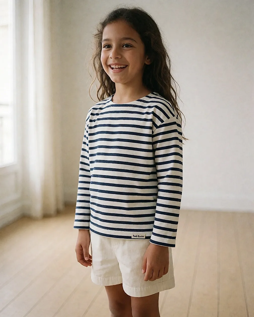 Una niña con marinière de algodón de rayas azul y blanco en un interior luminoso