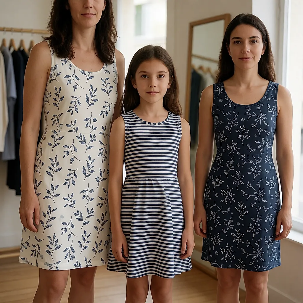 Una madre y su hija ante dos cárdigans idénticos, tallas de adulto e infantil, en una tienda