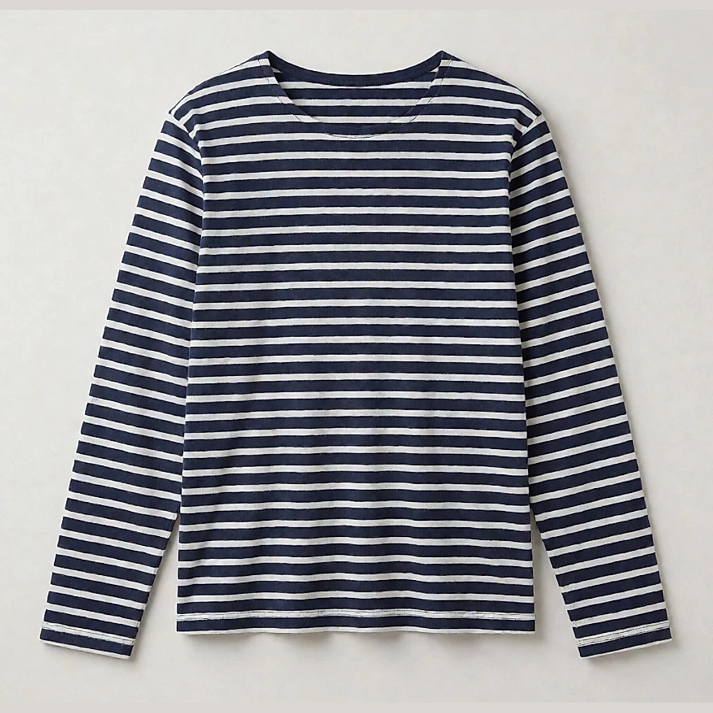 Foto de producto inspirada en la Marinière de algodón, manga larga azul marino/blanco de Petit Bateau