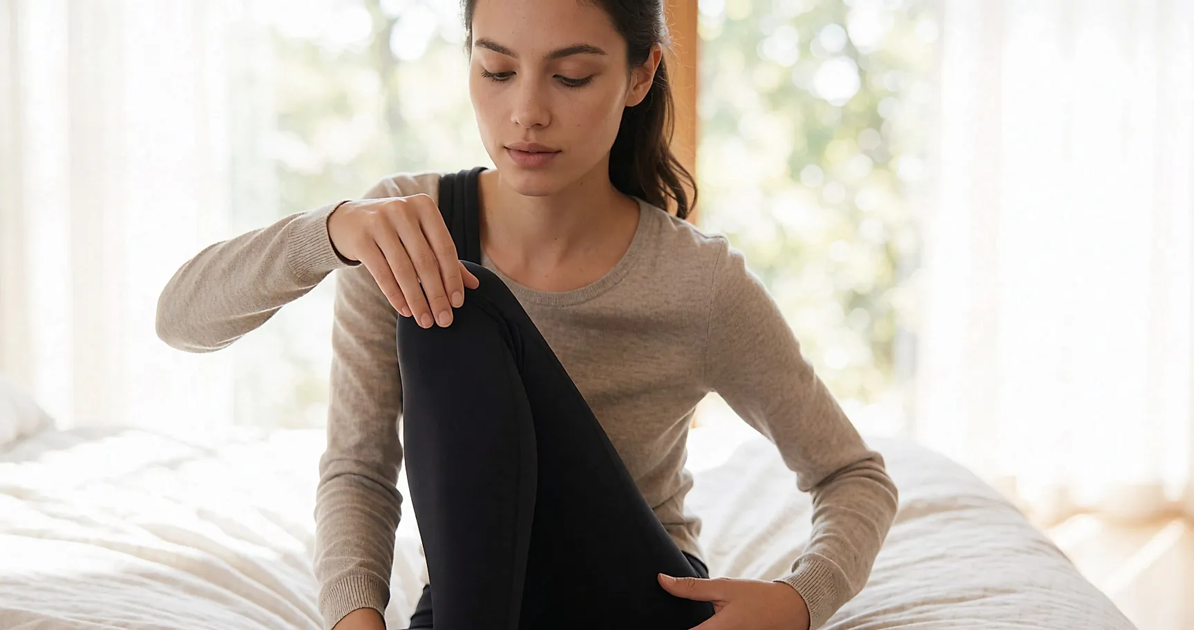 Sitzende Frau, die den Stoff eines mattschwarzen Kosmetotextil-Leggings auf ihrem Oberschenkel glatt streicht