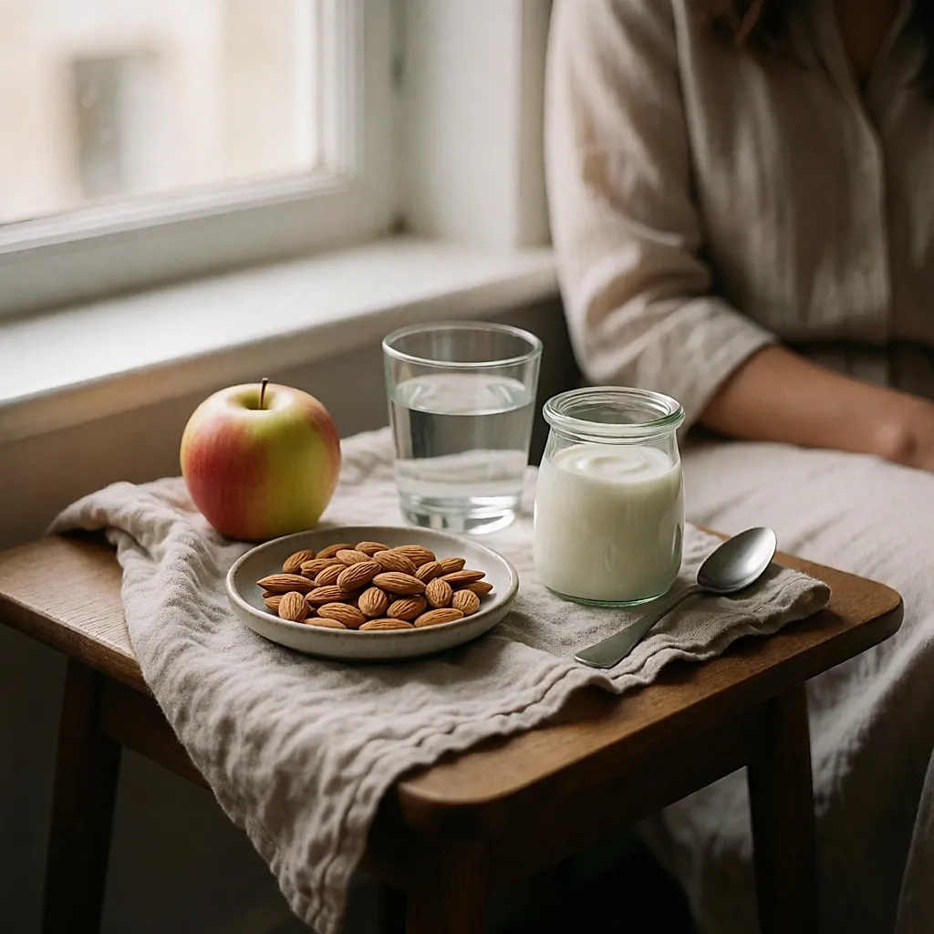 Apfel, Mandeln und Naturjoghurt auf einem kleinen Holztisch