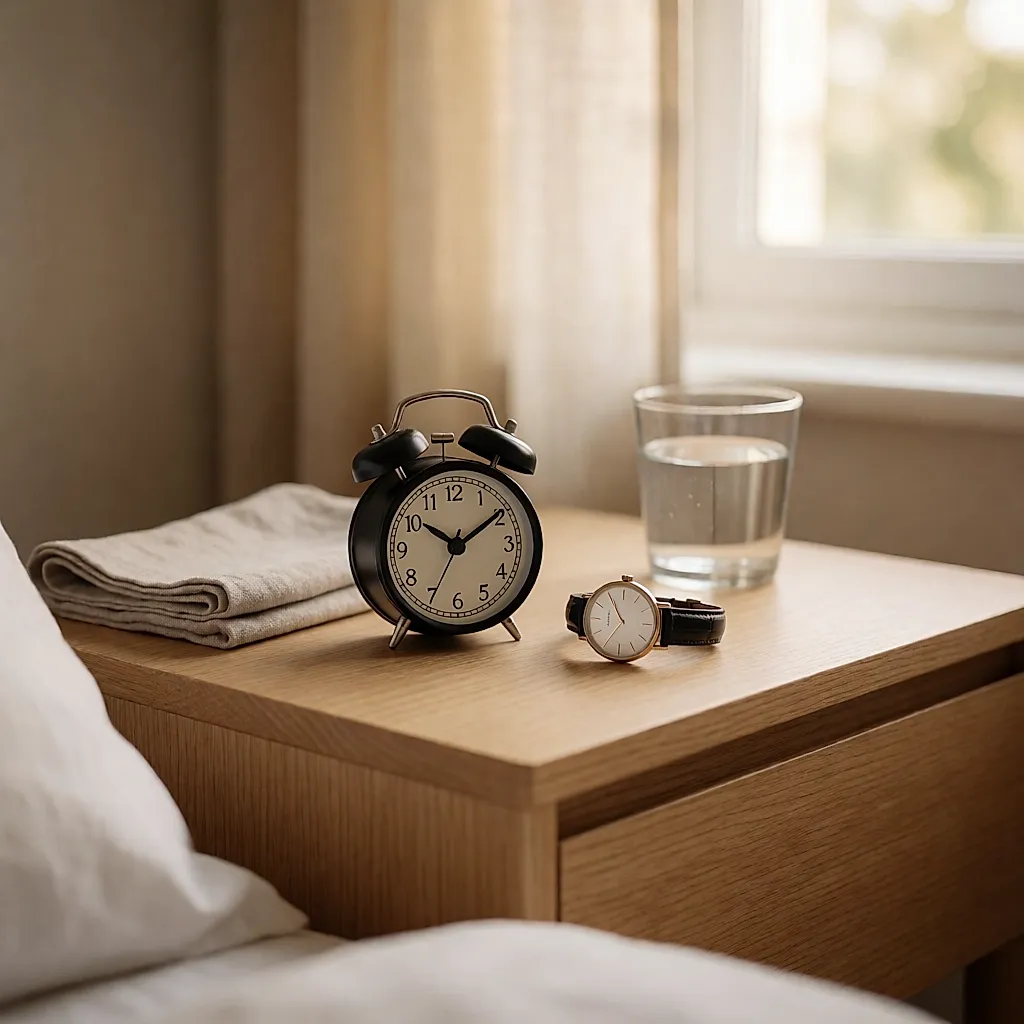 A bedside clock and a wristwatch side by side on a bedside table