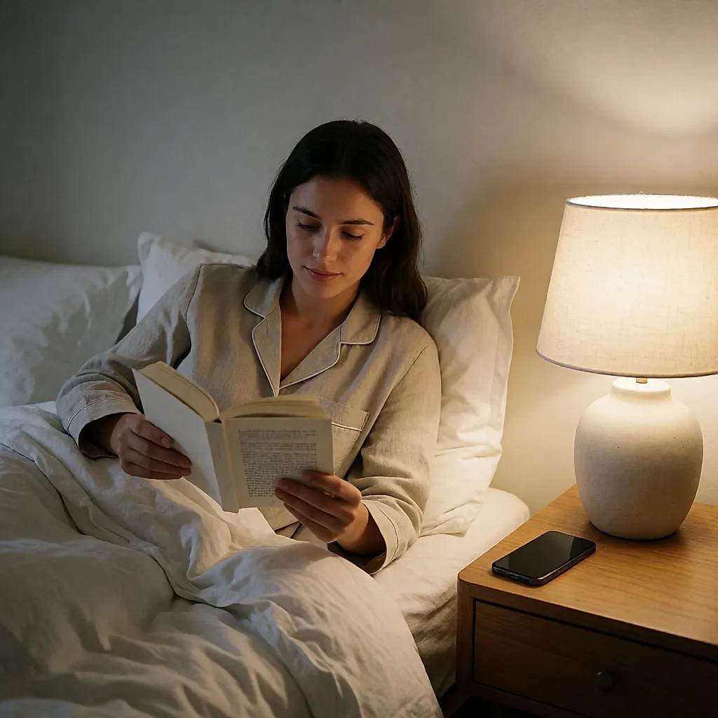 A woman reads in bed by the light of a bedside lamp, her phone face down
