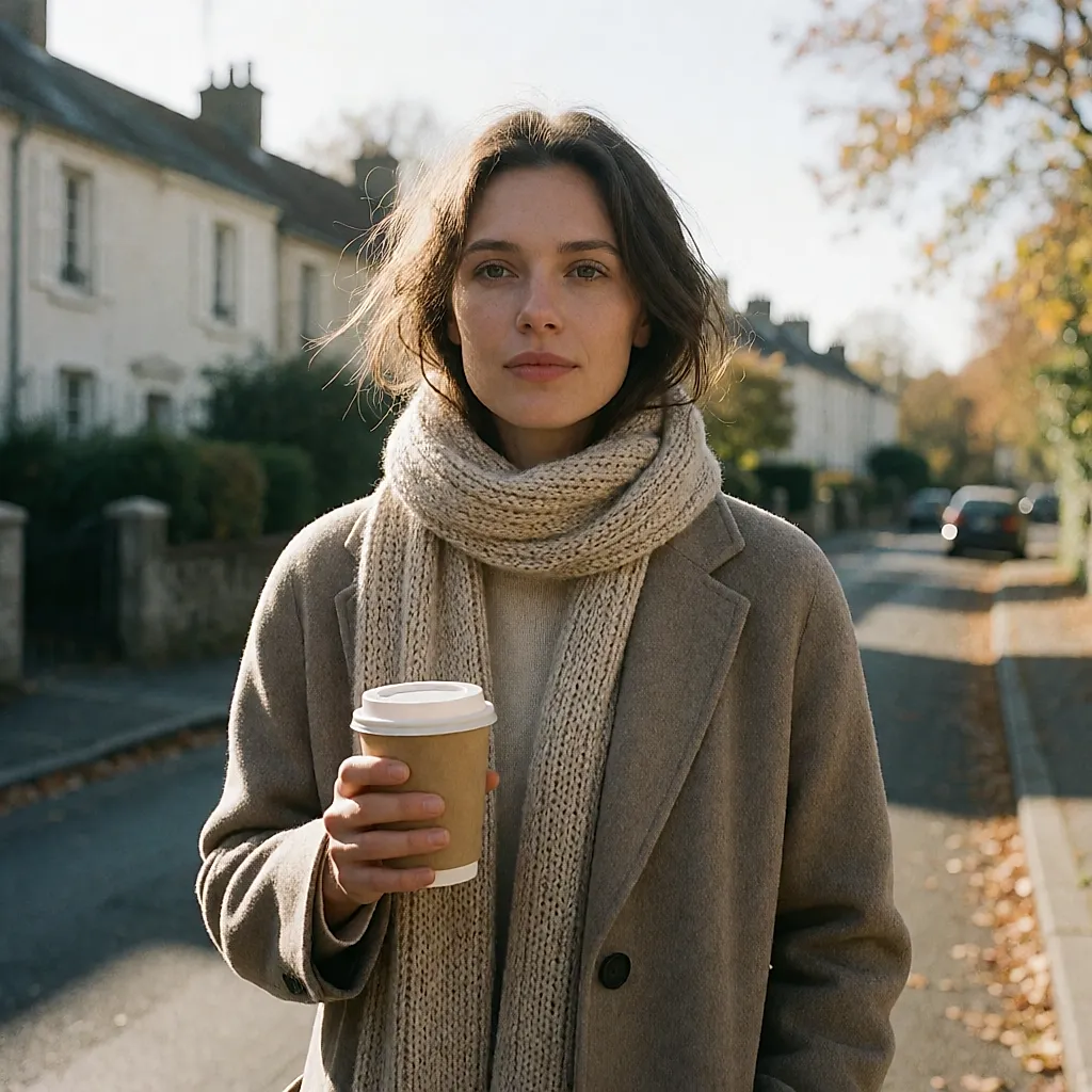 A woman walks along a street in the early morning, her face turned towards the daylight