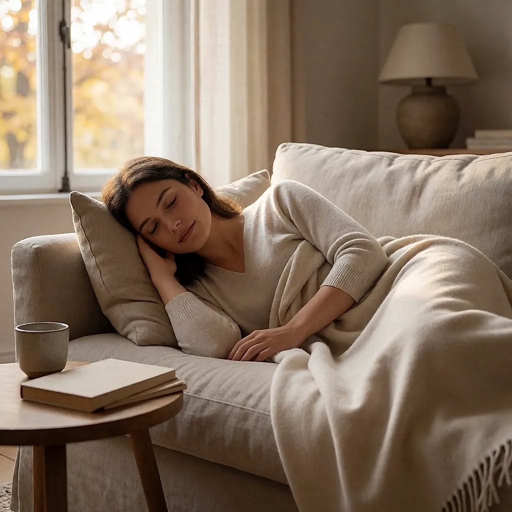 A woman dozes under a throw on a linen sofa in the late afternoon