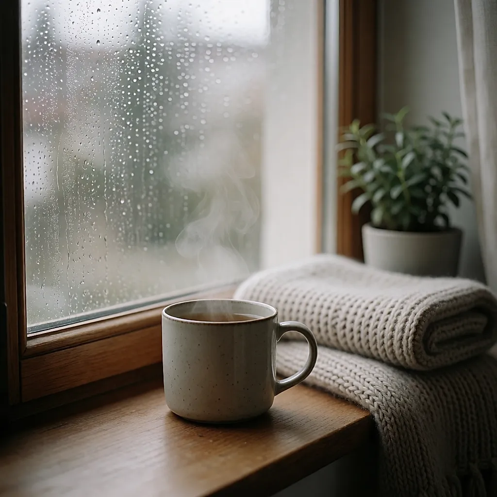 A steaming mug of herbal tea on a windowsill in grey November light