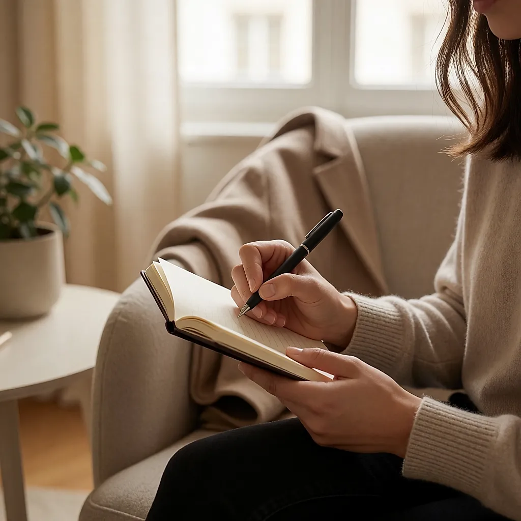 Hands writing a question in a notebook in a bright room