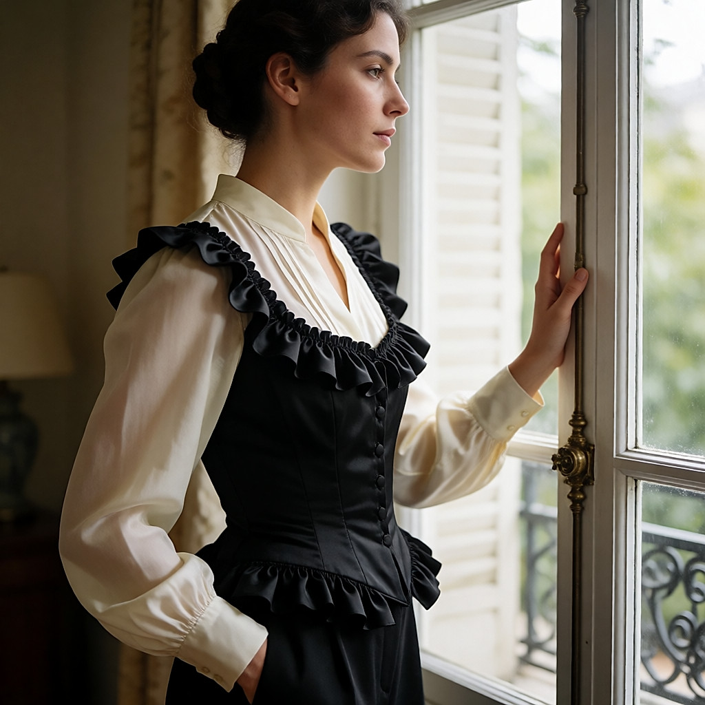 Frau im Profil trägt eine schwarze Satin-Korsage mit Rüschen über einer elfenbeinfarbenen Bluse, an einem Fenster
