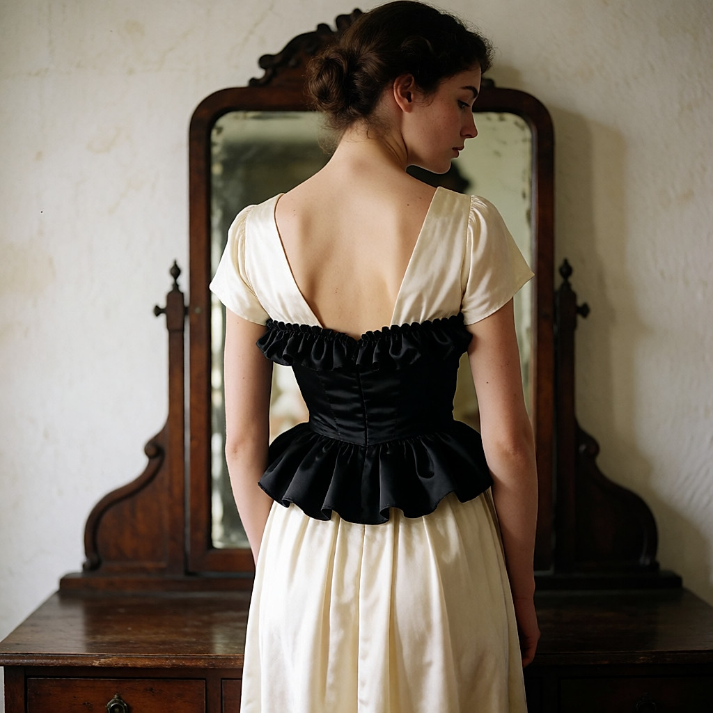 Junge Frau von hinten vor einem Standspiegel, schwarze Satin-Korsage mit Rüschen über einem cremefarbenen Seidenkleid