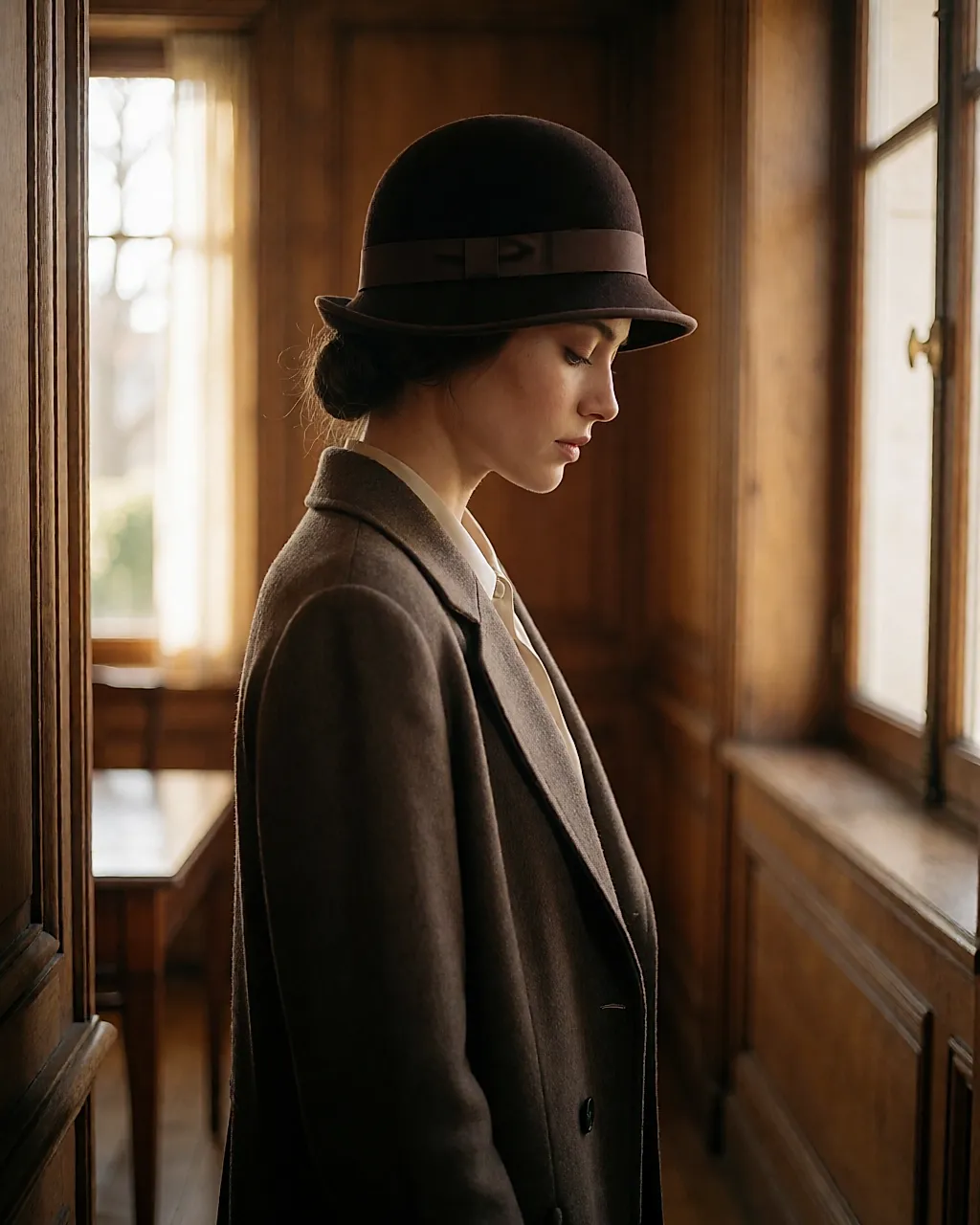 Chapeau cloche rétro en feutre brun porté de profil