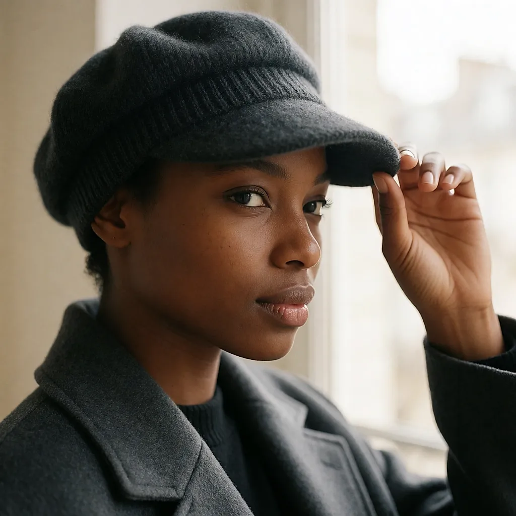 Bonnet-casquette en maille grise à visière courte, porté dans un intérieur