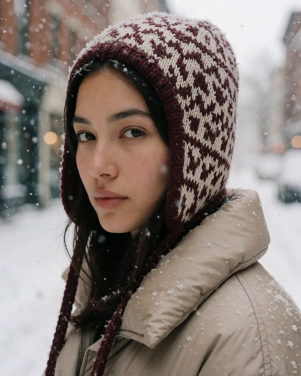 Chapka en maille jacquard à rabats portée sous la neige