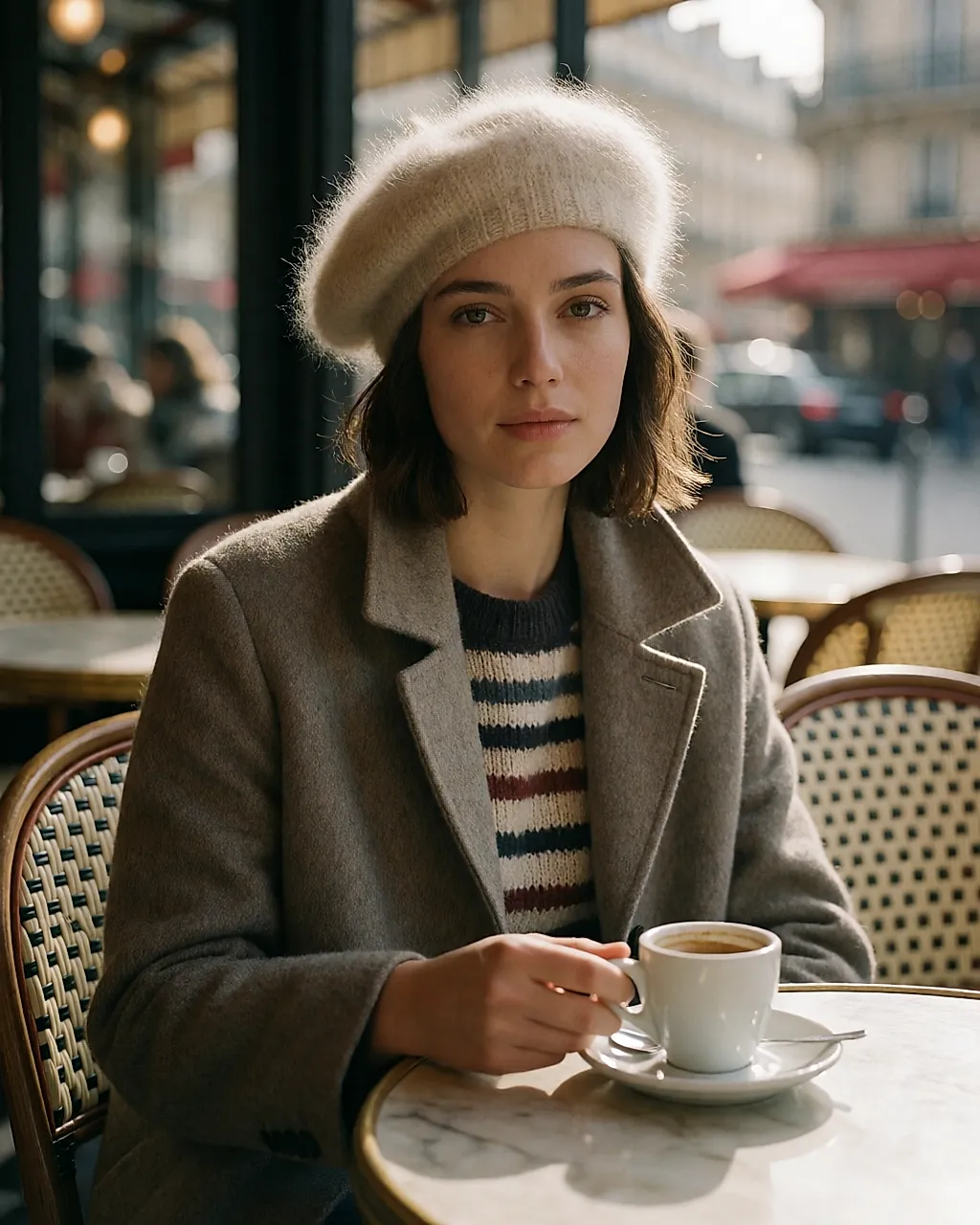 Béret en mohair porté de biais à une terrasse de café