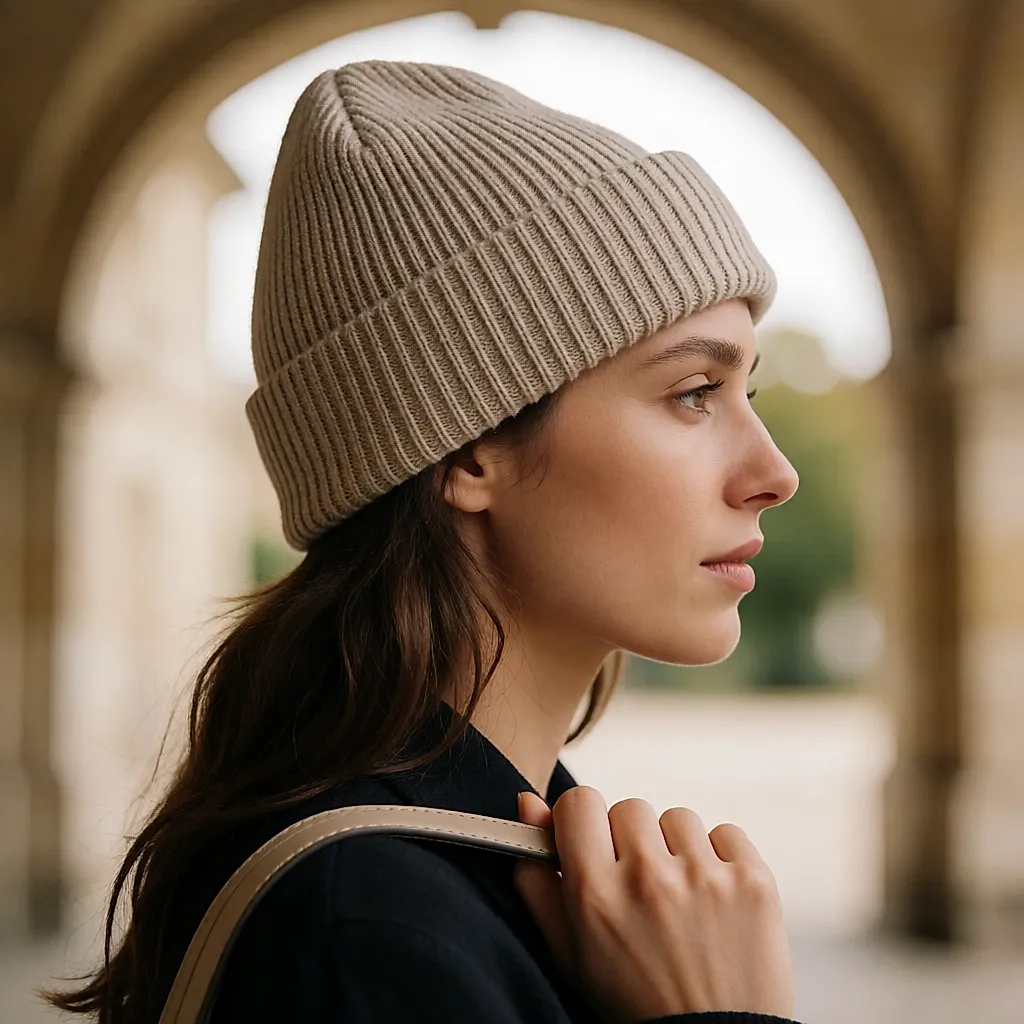 Bonnet finement côtelé à revers porté de profil sous une arcade