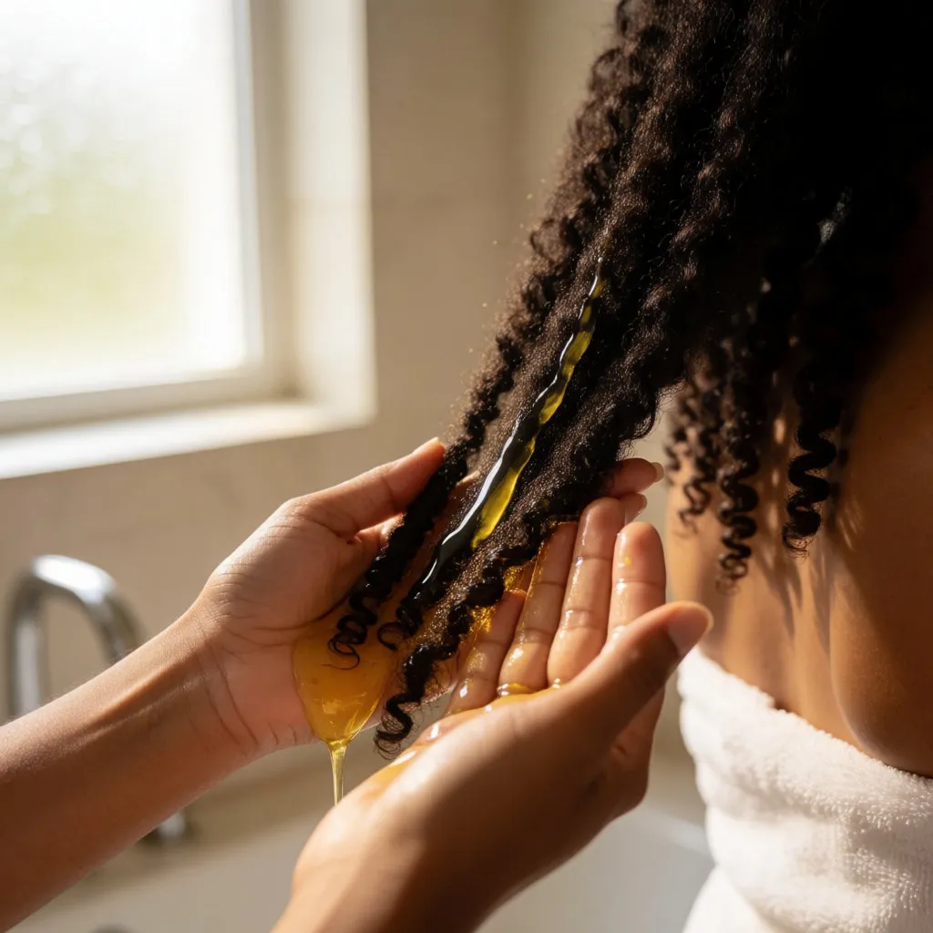 Mains appliquant une huile dorée sur des longueurs bouclées