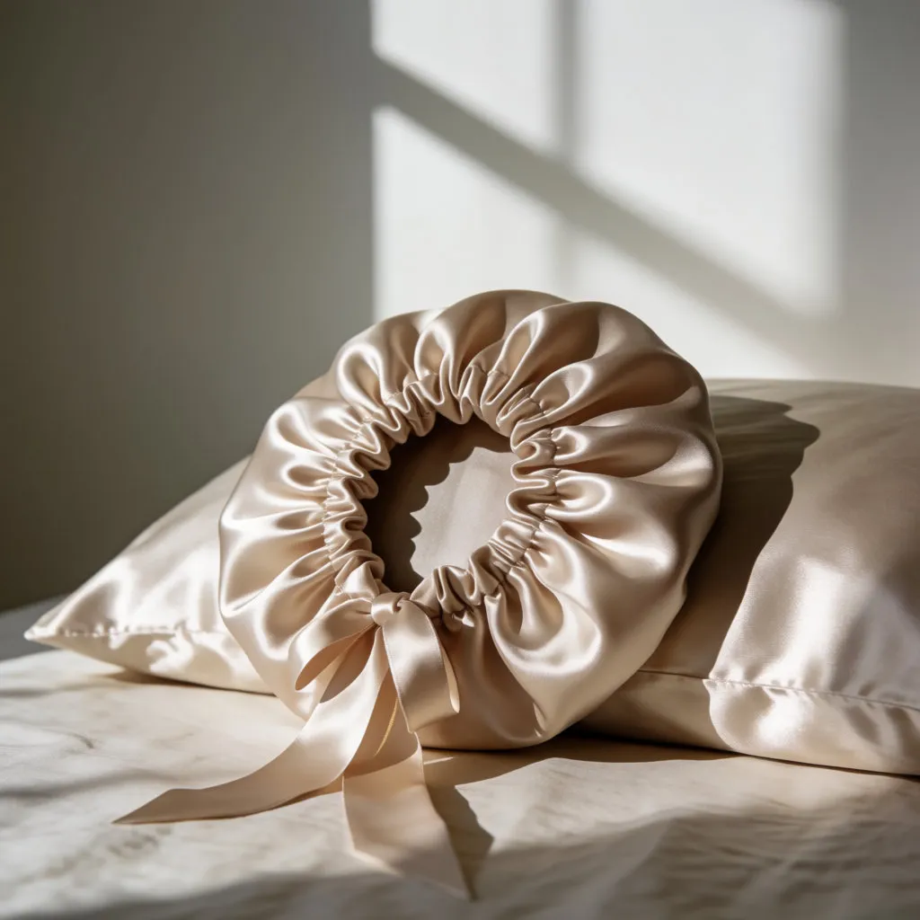 Bonnet en soie et taie d'oreiller en satin sur un lit, lumière du matin
