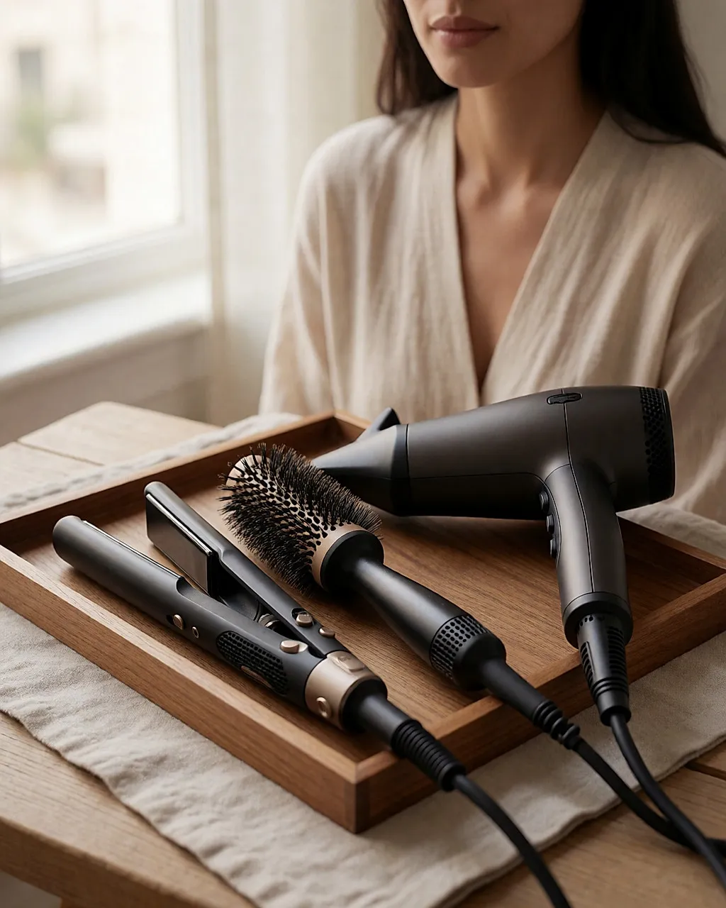 Lisseur, brosse ronde et sèche-cheveux posés, délaissés, sur un plateau
