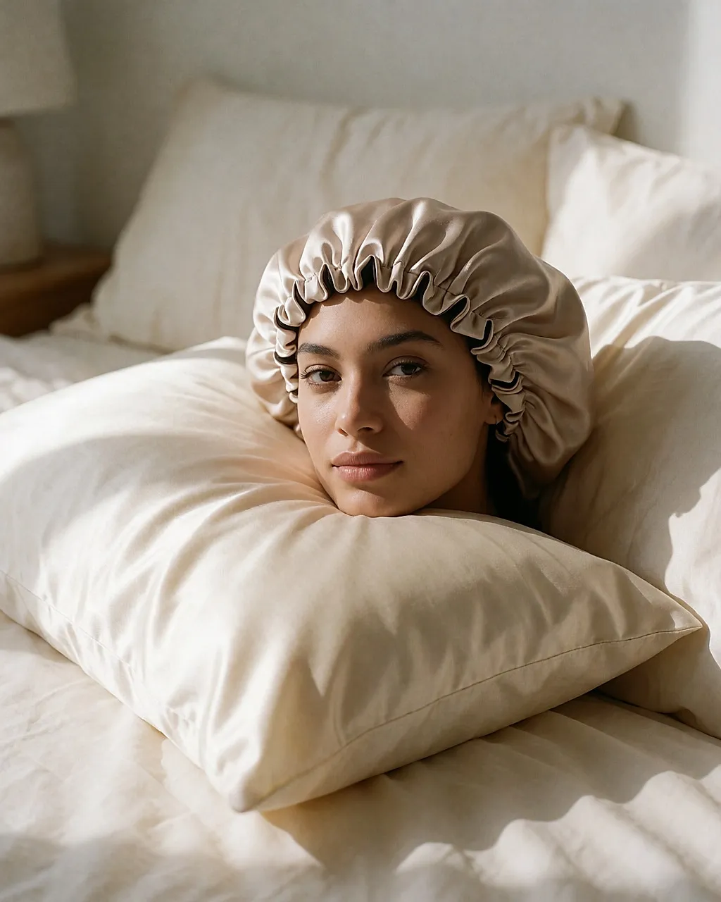 Bonnet en soie posé sur une taie d'oreiller en satin, au matin