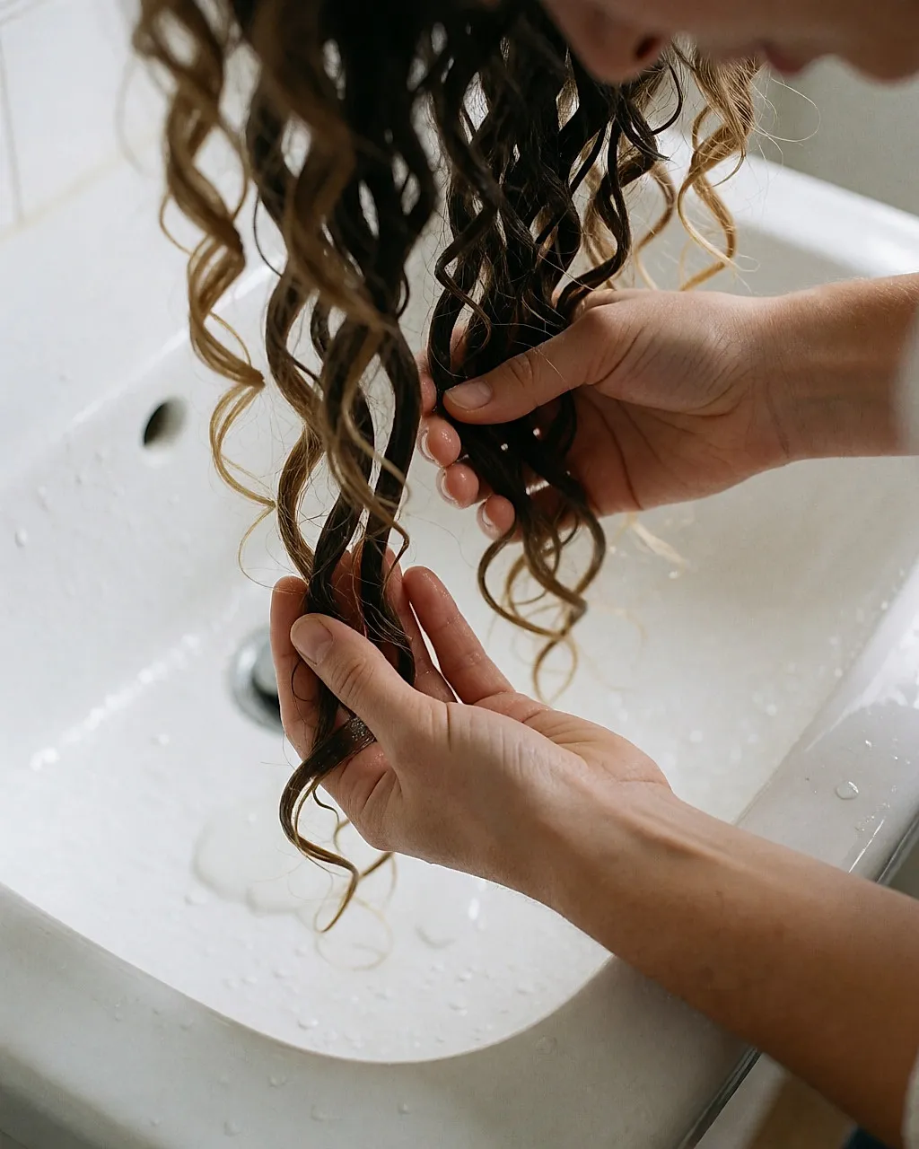 Longueurs bouclées rincées à l'eau froide au-dessus d'un lavabo