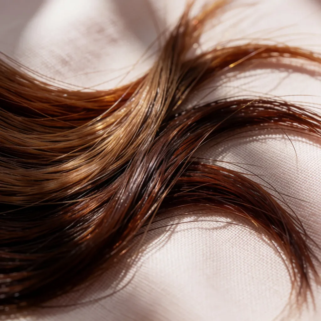 Mèches de cheveux dans des nuances moka, noisette, auburn et chocolat sur lin clair